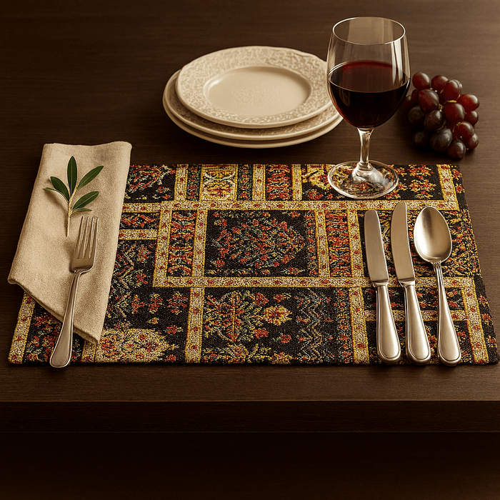 persian Dining table setting with a decorative placemat, wine glass, plates, cutlery, and grapes.