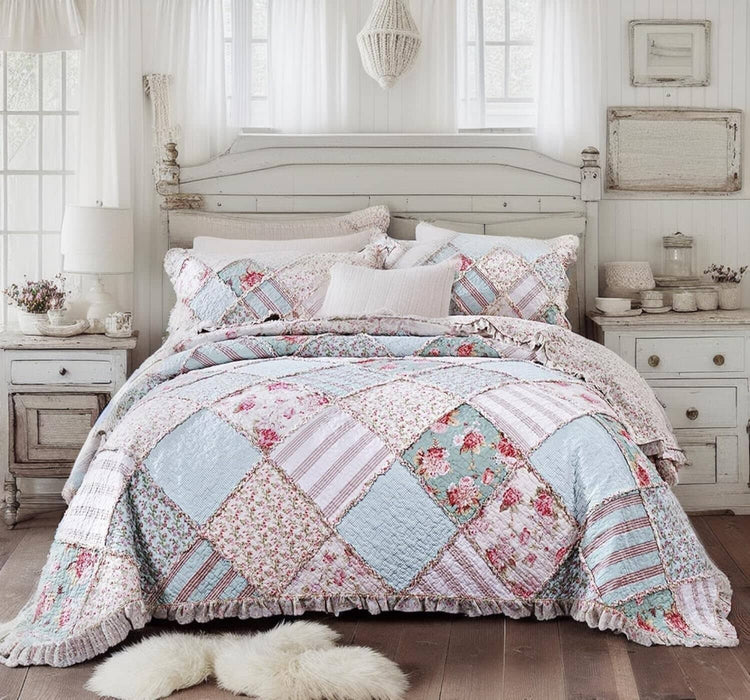 DaDa Bedding Hint of Mint Floral Pastel Cotton Patchwork Ruffle Bedspread Set (JHW-3036) - DaDa Bedding Collection