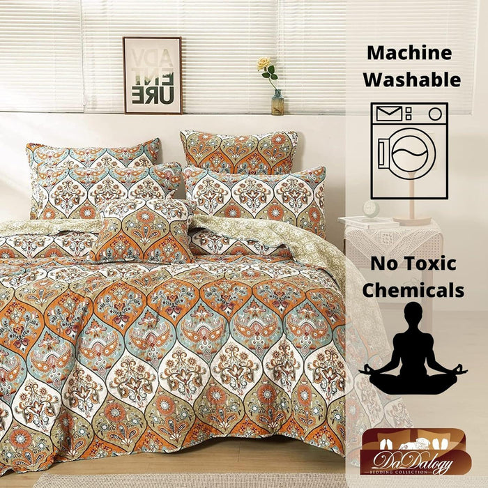 DaDa Bedding Bohemian Floral Paisley Garden Coral Teal Quilted Bedspread Set (LH1403) - DaDa Bedding Collection