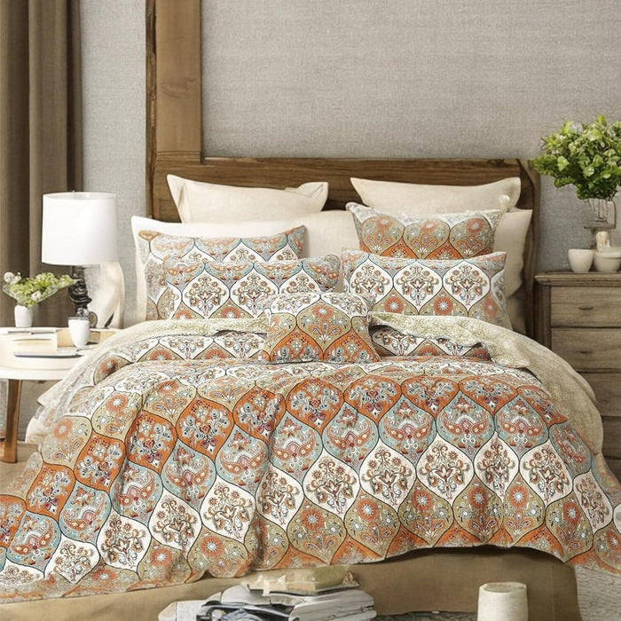 DaDa Bedding Bohemian Floral Paisley Garden Coral Teal Quilted Bedspread Set (LH1403) - DaDa Bedding Collection