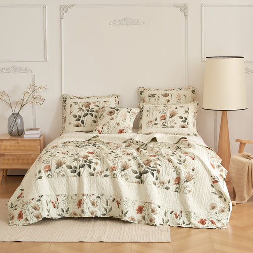 DaDalogy Enchanted Meadow Quilt Set - Victoria Garden Delicate Floral Symphony in Beige, Rose, and Soft Green, Luxuriously Soft Quilted Bedspread Set - DaDa Bedding Collection