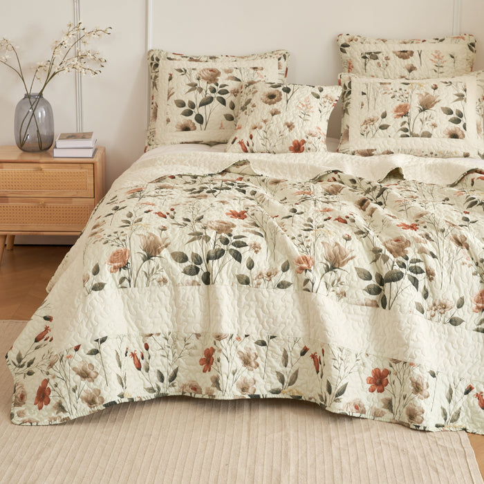 DaDalogy Enchanted Meadow Quilt Set - Victoria Garden Delicate Floral Symphony in Beige, Rose, and Soft Green, Luxuriously Soft Quilted Bedspread Set - DaDa Bedding Collection