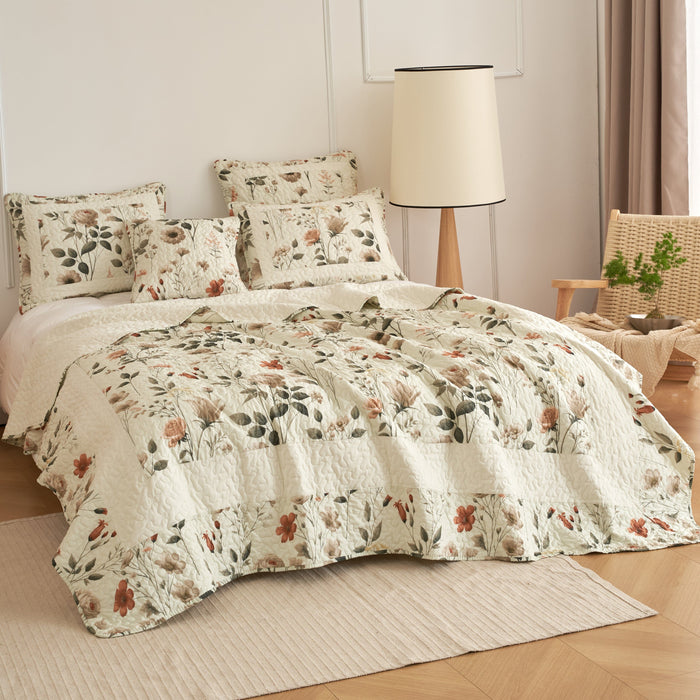 DaDalogy Enchanted Meadow Quilt Set - Victoria Garden Delicate Floral Symphony in Beige, Rose, and Soft Green, Luxuriously Soft Quilted Bedspread Set - DaDa Bedding Collection