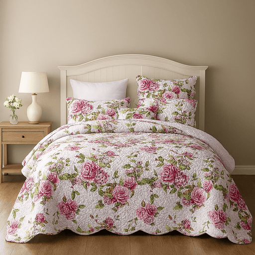Floral quilt set on a bed with matching pillows and a lamp in the background.