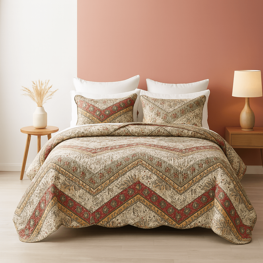 DaDa Bedding Cranberry Sage Floral Chevron Quilt Set - Lightweight