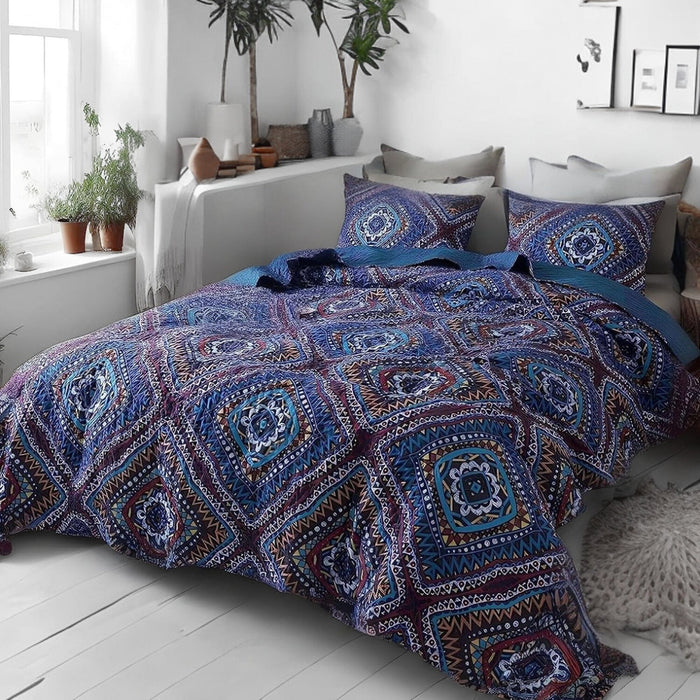 DaDa Bedding Farmhouse Bohemian Native Rustic Navy Blue Geometric Diamond Shapes Bedspread Set (KSX-001) - DaDa Bedding Collection