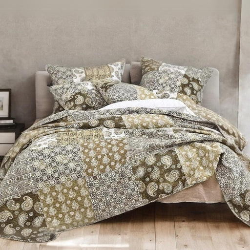 DaDa Bedding Bohemian Olive Brown Moroccan Paisley Floral Filigree Patchwork Cotton Bedspread Set (JHW-885) - DaDa Bedding Collection