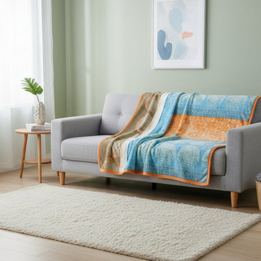 Gray sofa with a colorful blanket in a living room setting
