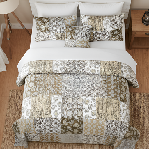 Patterned bedspread patchwork cotton quilt set on a bed in a bedroom setting