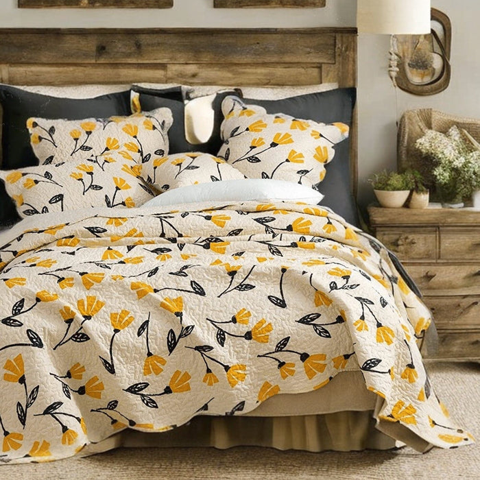 DaDa Bedding Yellow Fleur Floral Golden Orange Ivory Cream Scalloped Bedspread Set (18112) - DaDa Bedding Collection
