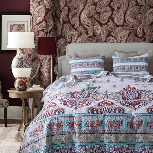 DaDa Bedding Bohemian Summertime White Blue Floral Paisley Bedspread Set (KSX-003) - DaDa Bedding Collection