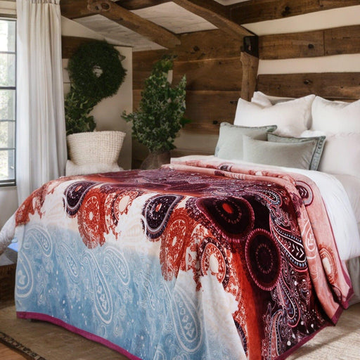 DaDa Bedding Paisley Dreams Floral Burgundy Mink Fleece Flannel Throw Blanket (XY0025) - DaDa Bedding Collection