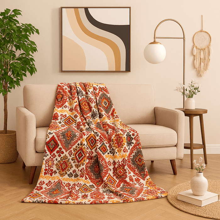 Decorative blanket on a chair in a living room with a plant, lamp, and wall art. aztec blanket
