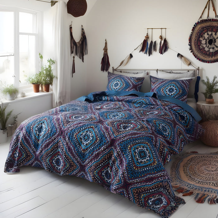 DaDa Bedding Farmhouse Bohemian Native Rustic Navy Blue Geometric Diamond Shapes Bedspread Set (KSX-001) - DaDa Bedding Collection