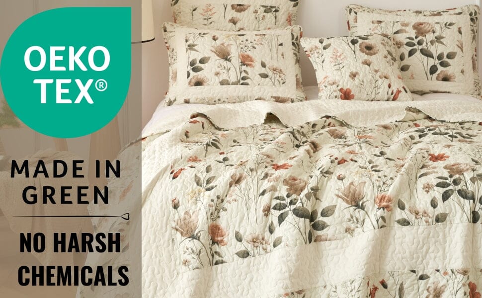 DaDalogy Enchanted Meadow Quilt Set - Victoria Garden Delicate Floral Symphony in Beige, Rose, and Soft Green, Luxuriously Soft Quilted Bedspread Set - DaDa Bedding Collection