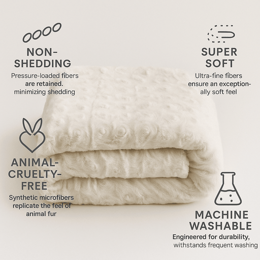 Folded white luxury faux fur blanket with text highlighting features machine washable super soft non shedding and animal cruelty free on a light gray background