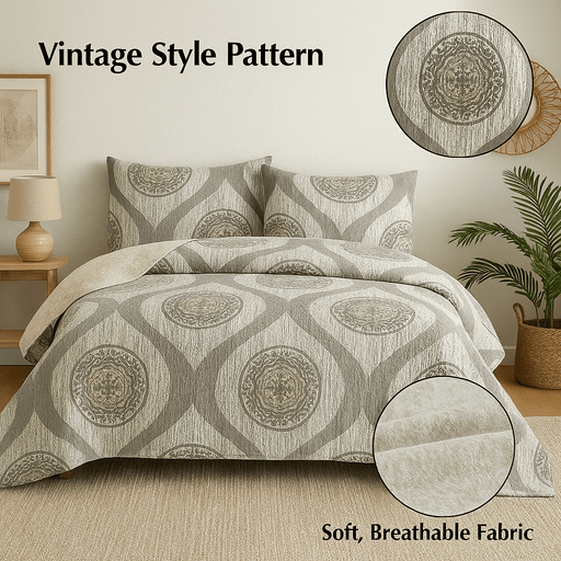 Bedding set with vintage pattern in a bedroom setting, featuring soft, breathable fabric.