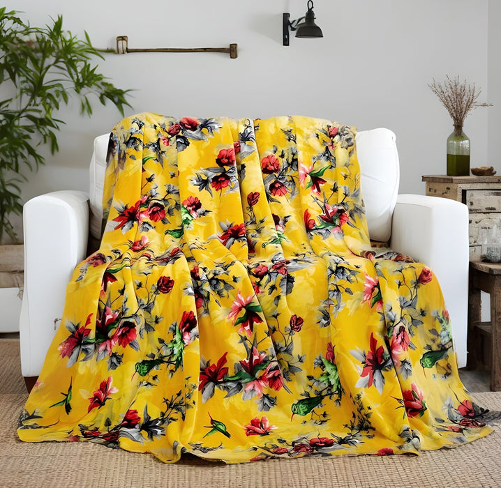 Throw Blankets - DaDa Bedding Yellow Farmhouse Rustic Spring Floral Hummingbirds Soft Fleece Throw Blanket (925)