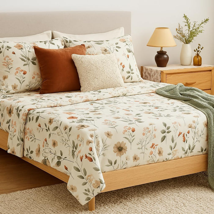 DaDalogy Enchanted Meadow Bed Sheet Set - Floral Harmony in Beige, Rose, and Soft Green, Premium Soft Microfiber, Machine Washable, Deep Pocket 14 - 15 Inches + Flat Sheet