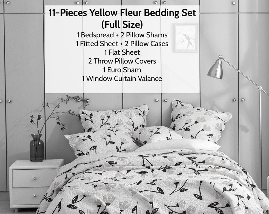DaDa Bed in a Bag Bundle Set - Yellow Fleur Botanical Ivory Tan Floral Bedding Set (18112) - DaDa Bedding Collection