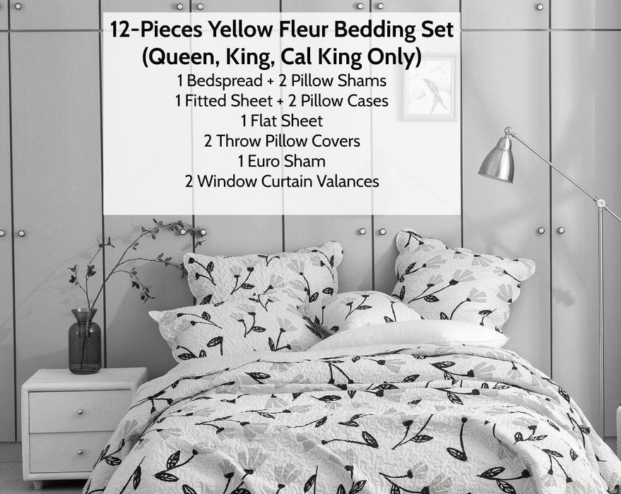 DaDa Bed in a Bag Bundle Set - Yellow Fleur Botanical Ivory Tan Floral Bedding Set (18112) - DaDa Bedding Collection