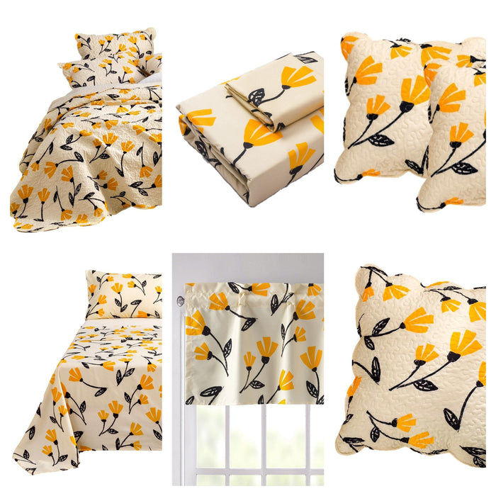 DaDa Bed in a Bag Bundle Set - Yellow Fleur Botanical Ivory Tan Floral Bedding Set (18112) - DaDa Bedding Collection