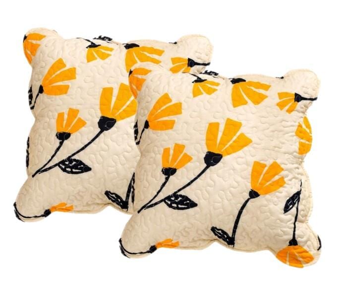 DaDa Bedding Set of 2-Pieces Yellow Fleur Floral Golden Orange Ivory Cream Scalloped Throw Pillow Covers, 18" x 18" (18112)
