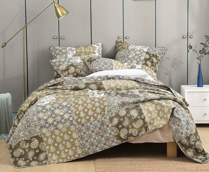 DaDa Bedding Bohemian Olive Brown Moroccan Paisley Floral Filigree Patchwork Cotton Bedspread Set (JHW-885) - DaDa Bedding Collection