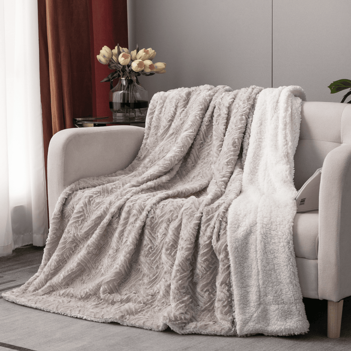 DaDalogy Bedding Lavender Grey Faux Fur Throw Blanket - Dreamy Geometric Embossed Sherpa Backside - Super Soft Warm Cozy Plush Fluffy