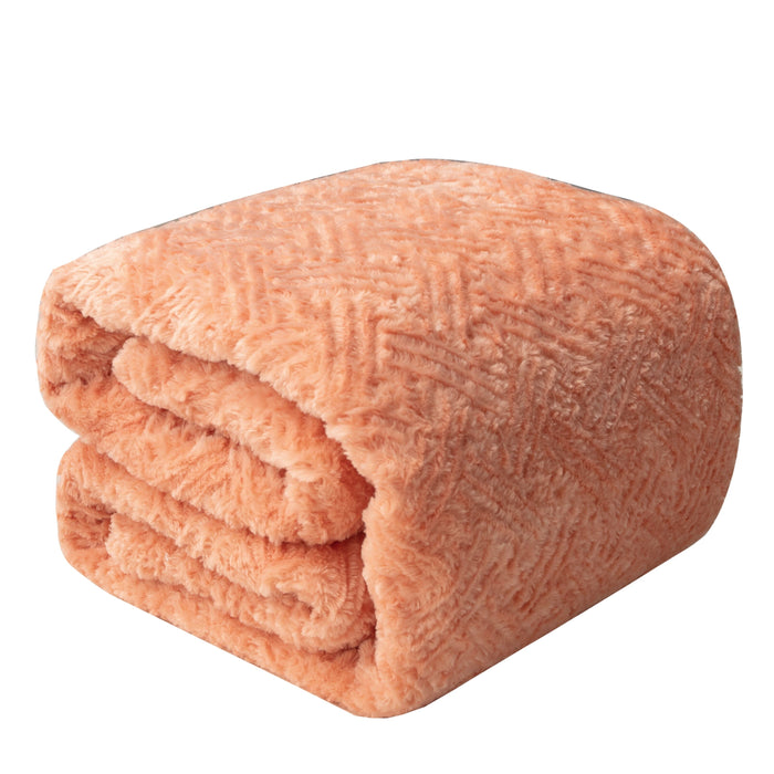 DaDa Bedding Coral Peach Rose Faux Fur Throw Blanket - Dreamy Geometric Embossed Sherpa Backside - Super Soft Warm Cozy Plush Fluffy