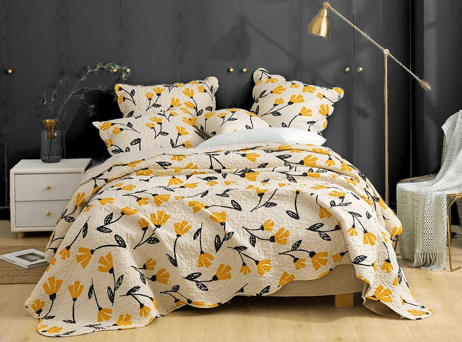 DaDa Bedding Yellow Fleur Floral Golden Orange Ivory Cream Scalloped Bedspread Set (18112) - DaDa Bedding Collection