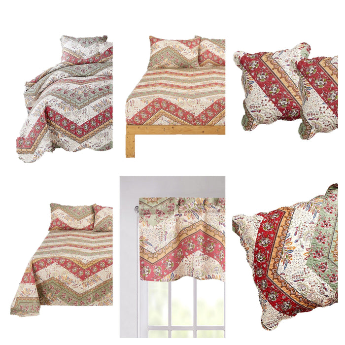 DaDa Bedding Rustic Bed in a Bag Bundle Set - Cranberry Sage Chevron Floral Bedding Set (JHW-924)