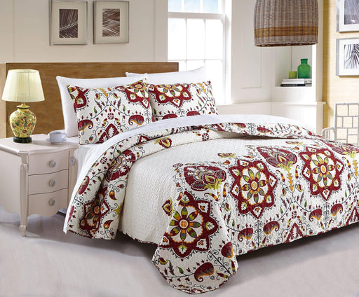 DaDa Bedding Casablanca Garden Mediterranean Floral Red & White Quilted Bedspread Set (HS-11130) - DaDa Bedding Collection