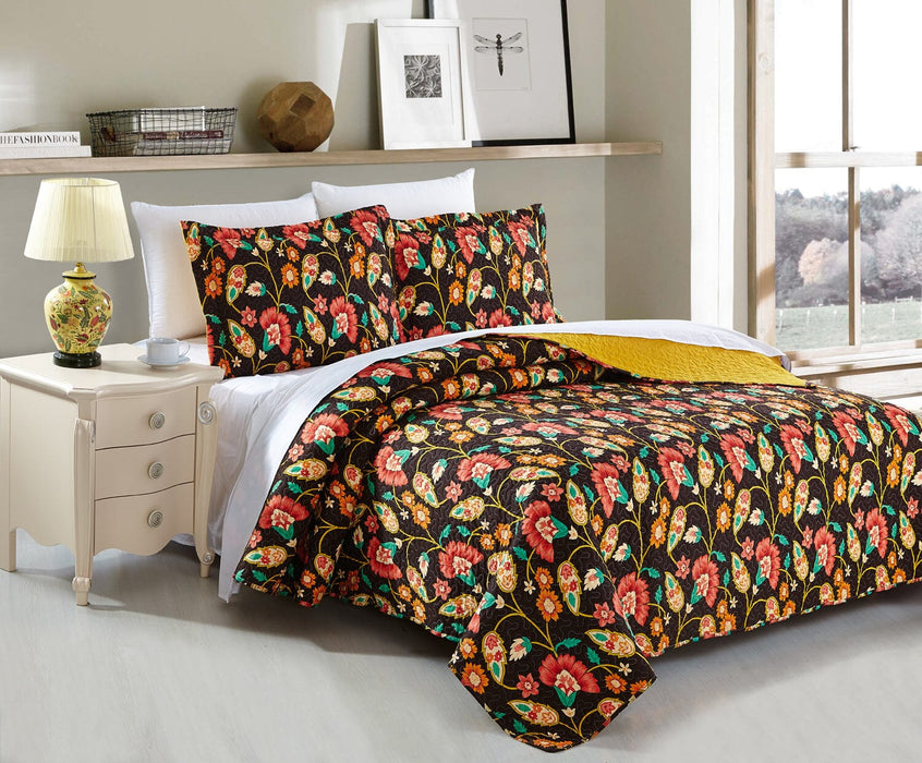 DaDa Bedding Marigold’s Floral Brown Yellow Botanical Garden Quilted Bedspread Set (HS-3330)