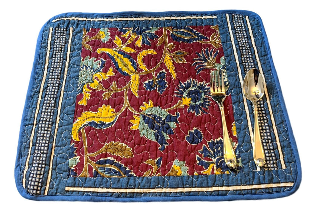 DaDa Bedding Set of 6-Pieces Hand-Made Placemats Cotton Bohemian Midnight Ocean Blue Patchwork Floral Table Mats (JHW-572)