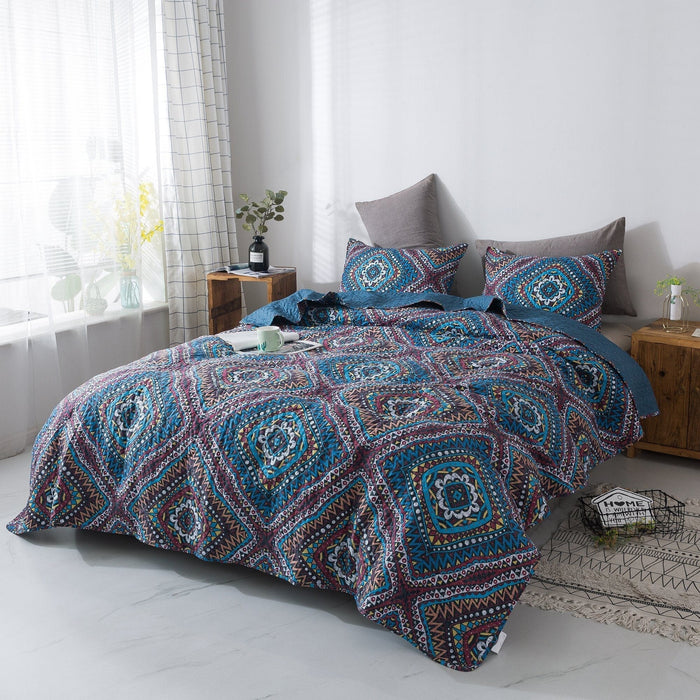DaDa Bedding Farmhouse Bohemian Native Rustic Navy Blue Geometric Diamond Shapes Bedspread Set (KSX-001) - DaDa Bedding Collection