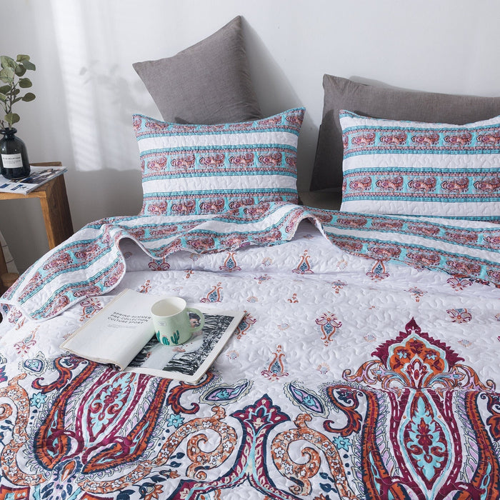 DaDa Bedding Bohemian Summertime White Blue Floral Paisley Bedspread Set (KSX-003) - DaDa Bedding Collection