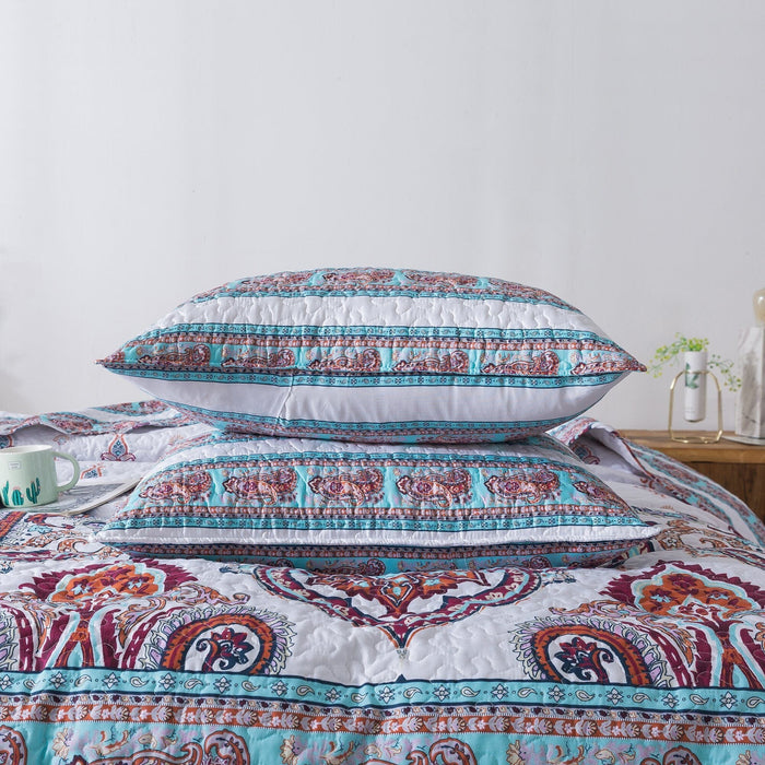 DaDa Bedding Bohemian Summertime White Blue Floral Paisley Bedspread Set (KSX-003) - DaDa Bedding Collection