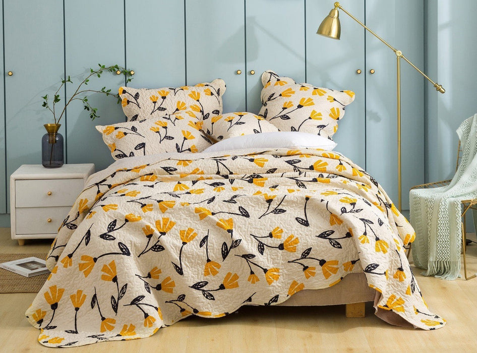 DaDa Bed in a Bag Bundle Set - Yellow Fleur Botanical Ivory Tan Floral Bedding Set (18112) - DaDa Bedding Collection