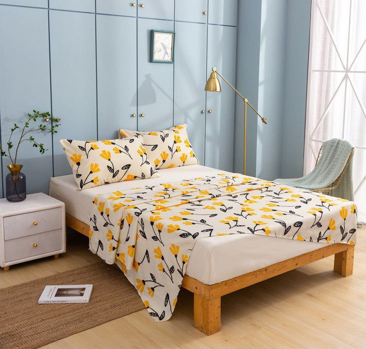 DaDa Bedding Yellow Fleur Golden Orange Floral Ivory Fitted & Flat Bed Sheets Set (18112)