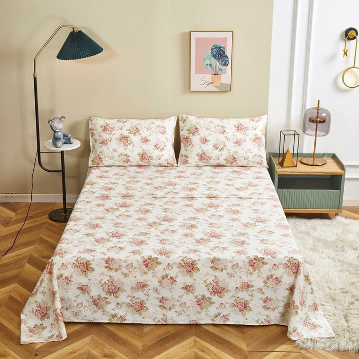 DaDa Bedding Hint of Mint Dainty Cottage Floral Roses Cotton Flat Sheet Only w/ Pillow Case (3036)