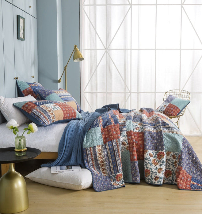 DaDa Bedding Bohemian Vibes Mediterranean Blue Floral Patchwork Quilted Bedspread Set  (JHW878) - DaDa Bedding Collection