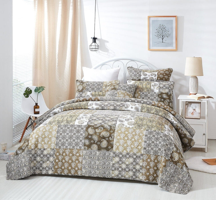 DaDalogy Bedding Bed in a Bag Bundle Set - Bohemian Paisley Dreams Floral Olive Brown Patchwork Bedspread Set (JHW885) - DaDa Bedding Collection