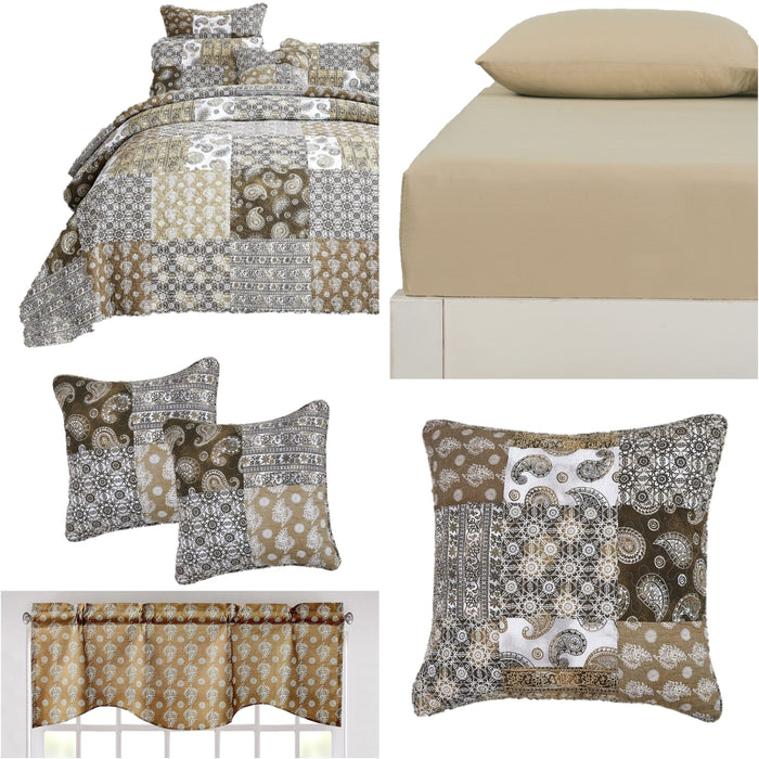 DaDalogy Bedding Bed in a Bag Bundle Set - Bohemian Paisley Dreams Floral Olive Brown Patchwork Bedspread Set (JHW885) - DaDa Bedding Collection