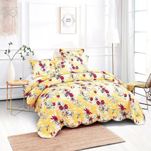 DaDa Bedding Radiant Sunshine Yellow Hummingbirds Floral Scalloped Bedspread Set (JHW-925) - DaDa Bedding Collection