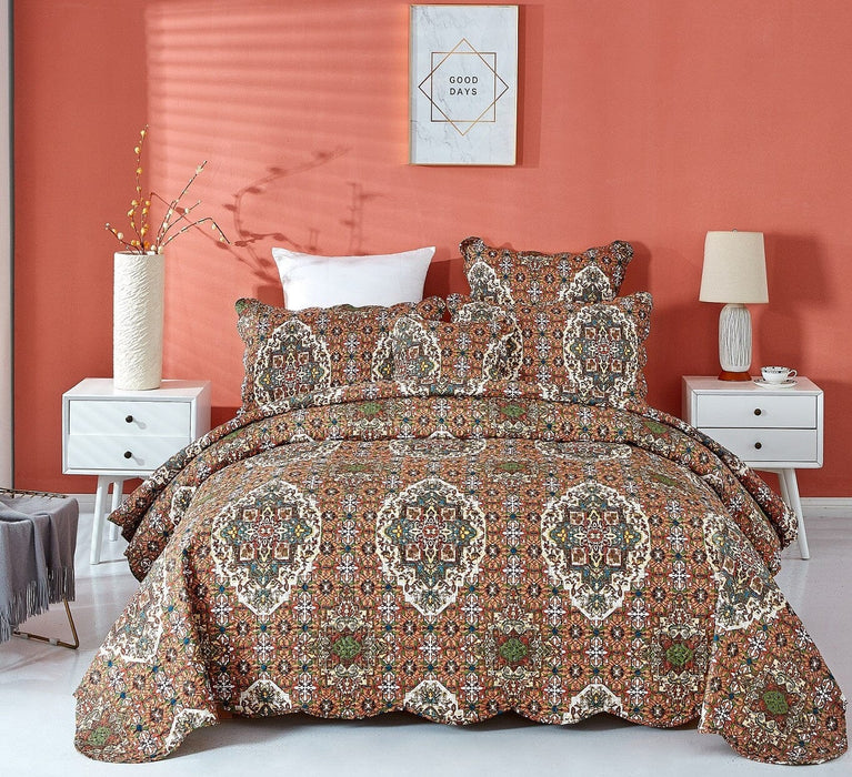 DaDa Bedding Rustic Earthy Cross Motif Folk Ogee Moroccan Scalloped Quilted Bedspread Set (JHW-944) - DaDa Bedding Collection