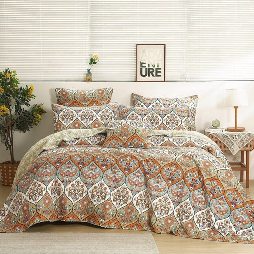 DaDa Bedding Bohemian Floral Paisley Garden Coral Teal Quilted Bedspread Set (LH1403) - DaDa Bedding Collection