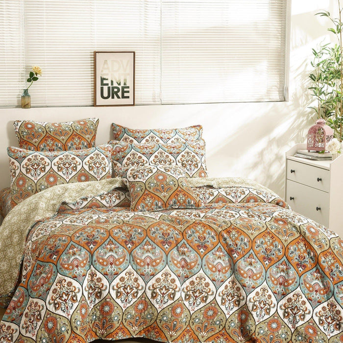 DaDa Bedding Bohemian Floral Paisley Garden Coral Teal Quilted Bedspread Set (LH1403) - DaDa Bedding Collection