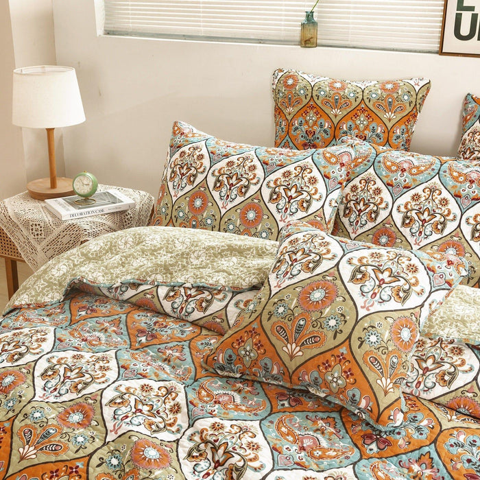 DaDa Bedding Bohemian Floral Paisley Garden Coral Teal Quilted Bedspread Set (LH1403) - DaDa Bedding Collection