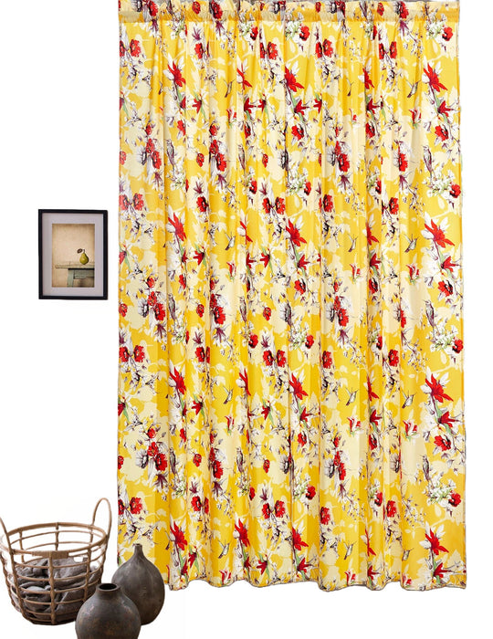 DaDa Bedding Set of 2 Radiant Sunshine Yellow Floral Window Curtain Panels - Natural Semi Sheer Hummingbirds Farmhouse Red Flowers Straight Tailored Edge